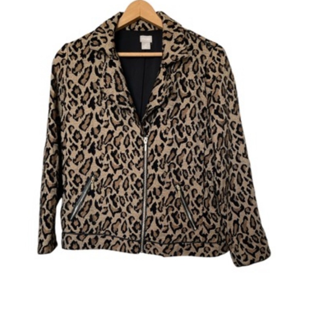 Chico's Animal Print Moto Jacket Full Zip Pockets Tan Black Women's Size 12/14